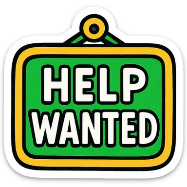 help wanted sign in green, white, and gold color scheme, modern style, rounded corners, simple design sticker