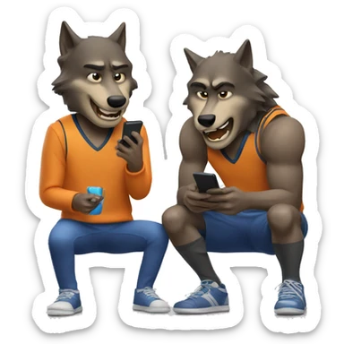 Two human like wolves looking at their phones celebrating basketball sticker