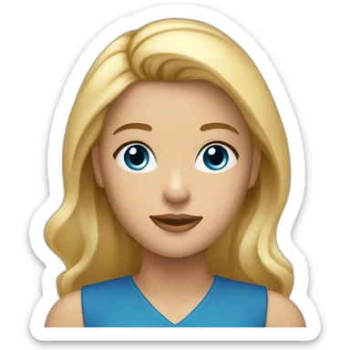 Une femme blonde au yeux brun avec la peau basanée et un top bleu roi sticker