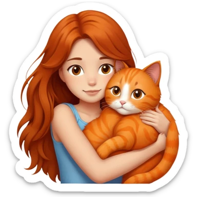 girl with long hair hugging an orange cat sticker