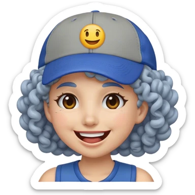 a female, yellow faced emoji, simple style, big smile, winking, blue ball cap on backwards, cartoon, curly grey hair sticker