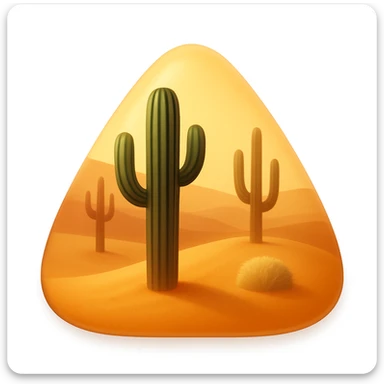 Create a desert emoji in the style of iOS emojis. The shape should be a sand mountain instead of a square, keeping the same cacti, sand, and colors. The sand mountain should be smooth and shiny with a subtle highlight added. sticker
