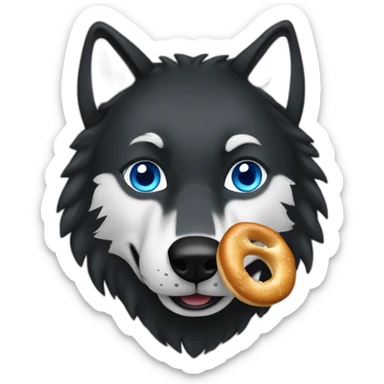 a black wolf with blue eyes eats a bretzel sticker
