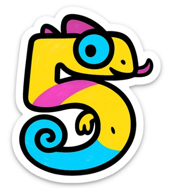 number five stylized as a playful chameleon with vibrant colors, suitable for an icon sticker