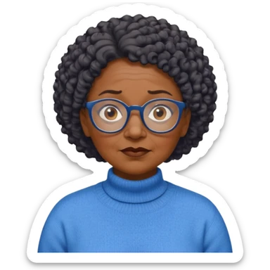 Old black woman, solemn, wearing glasses and blue sweater, short curly hair sticker