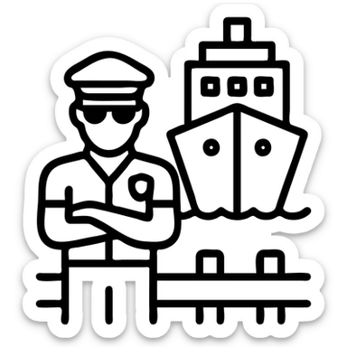 a ship security guard in sunglasses, arms crossed, standing on a dock, simple flat icon style sticker