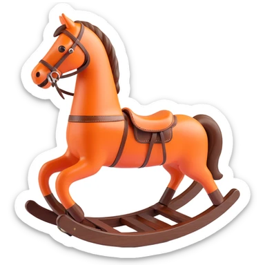rocking horse, 3D, dark walnut wood, vintage style, Hermès orange leather trim, no text sticker
