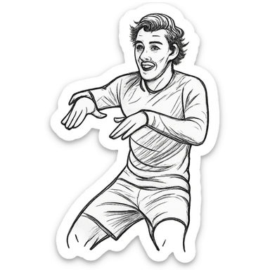 Griezmann goal celebration, football player, doing dance moves with hands, wearing football jersey, detailed facial expression, dynamic pose, modern line style sticker