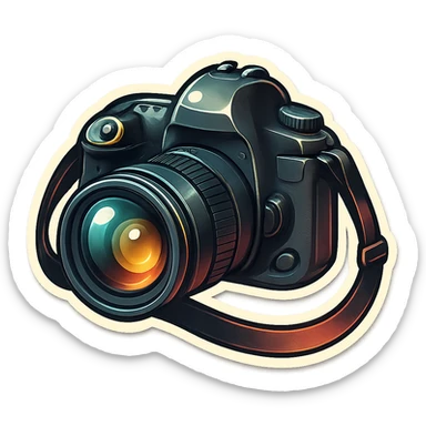 retro sticker style drawing of a DSLR camera with a strap, inspired by Canon 5D Mark III, bold contours, shiny highlights, dramatic shadows, fun and energetic look sticker
