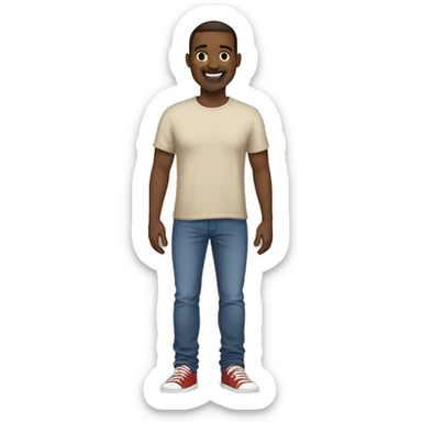 A full-length guy with a European skin type, with blue eyes and dark brown hair, short hair, dressed in an oversized beige T-shirt, with a smile on his face and dark jeans on his feet, red sneakers sticker