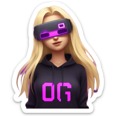 Russian cute blond student girl wearing black hoody with violet letters "OMG", in vr headset. No eyes. Cyberpunk style. Violet neon. sticker