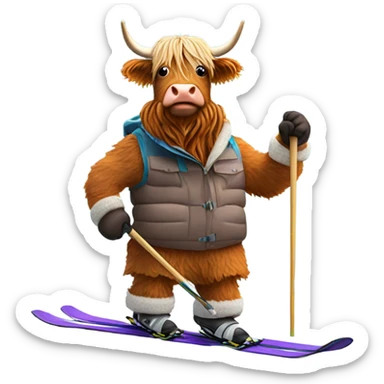 A highland cow skiing sticker