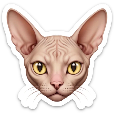 Cinematic Grumpy Sphynx Cat Portrait Emoji, Head tilted slightly with a deeply unimpressed expression, smooth, wrinkled skin with pronounced facial folds giving a permanent look of disapproval, large ears standing tall, piercing eyes narrowed into an unamused glare, Simplified yet comically expressive features, highly detailed, glowing with a dry, sarcastic glow, high shine, effortlessly judgmental yet dignified, stylized with a touch of cynicism, bright but brooding, soft glowing outline, capturing the essence of an eternally unimpressed yet endearing feline, so lifelike it feels like it could sigh heavily at you in disdain at any moment! sticker