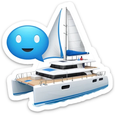 a lagoon 42 catamaran with no wording on the boat and an i message chat bubble icon coming out the top of the boat  sticker