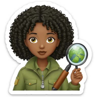dark skin curly black haired woman in moss green explorer outfit, holding magnifying glass sticker
