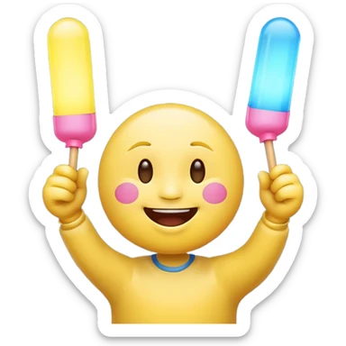 An excited yellow emoji face with closed smiling eyes and blushing cheeks, cheering enthusiastically while holding up two glow sticks (one blue, one pink). It represents high energy, fandom, and celebration. sticker