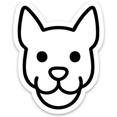 minimalist black and white outline of a dog's head, pointed ears, round snout, big round eyes, simple lines, cute cartoon style sticker