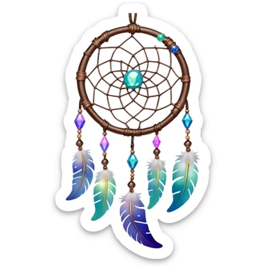 Iridescent shiny transparent crescent nebula Dreamcatcher-suncatcher hanging from a thread, with gemstones, and beads sticker