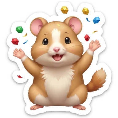 Cute cartoon-style hamster throwing confetti, holding a tiny medal, joyful expression. Painterly shading, white background, sticker-style illustration sticker
