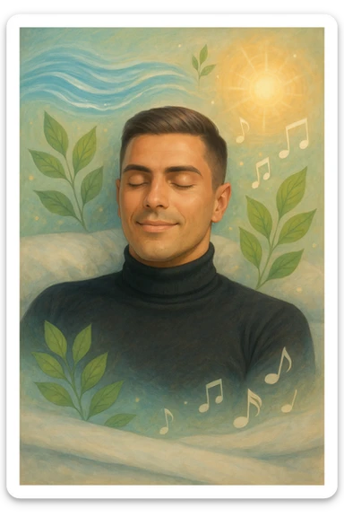 Un uomo sdraiato su un letto o una superficie fluttuante, con un'espressione serena e gli occhi chiusi. Attorno a lui, proiettate dalla sua mente, si materializzano immagini vivide di benessere e armonia: sticker