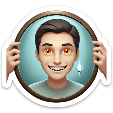 A smug, charismatic figure holds a mirror their reflection. in the glass—glowing, predatory eyes a tgrin, or deep cracks symbolizing a **fragile ego**. Their grip is tight, as if clinging to the illusion of perfection, shadows  behind them, revealing the manipulation hidden beneath their charm. sticker