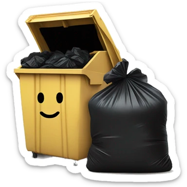 dumpster with black trash bags next to it and trash in it sticker