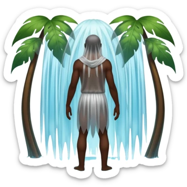 full body dark skin forest spirit man from behind under waterfall veil sticker