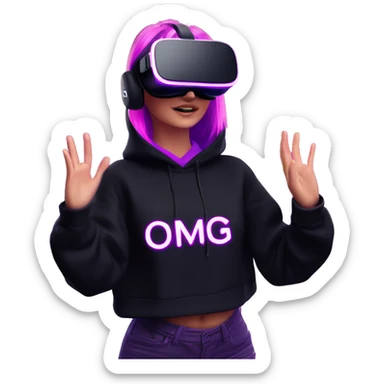 Russian girl wearing black hoody with violet letters "OMG", in vr headset oculus quest2. Dancing. Cyberpunk style. Violet neon. sticker