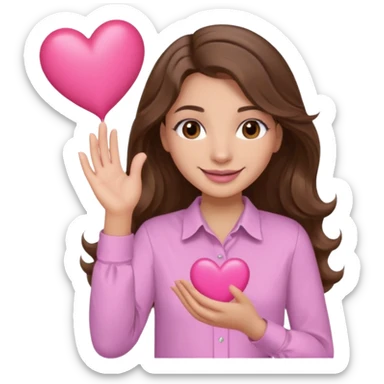 girl with wavy long brown hair, brown eyes, light to medium complexion, long lashes, light pink lipstick, wearing light pink shirt, smiling, hands holding a pink heart sticker