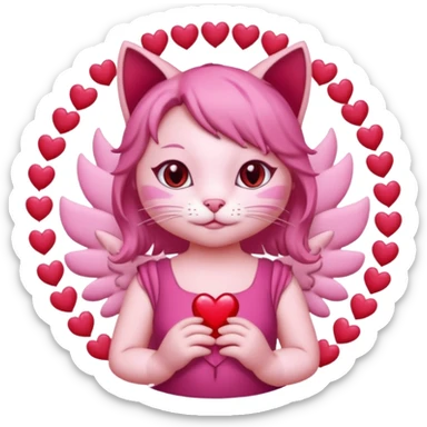 a pink cat who is doing this 🫰 and she has like red hearts around her head like a angel circle. the cat is going to have on a dark pink dress with a bow. sticker