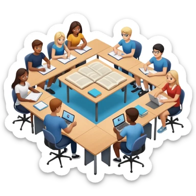 Birdseye view of large study space with students working separately add students wearing Vision Pros sticker