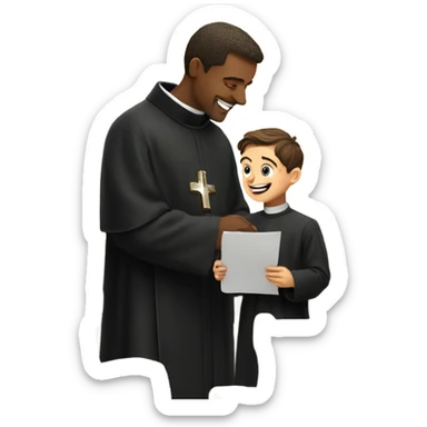 A priest talking to a young little boy in church happy sticker