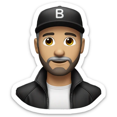 An adult white skin portrait of male with stubble and a slightly gray beard, brown hair, black eyes, wearing a black Reebok cap with a round emblem on his head, and a black leather jacket and stand collar. sticker