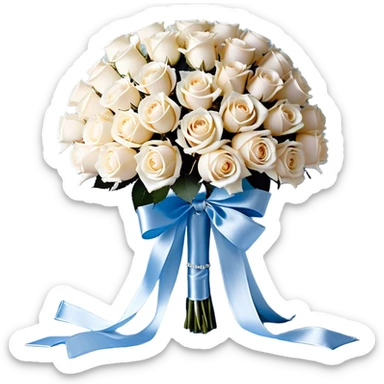 Against a soft, misty blue satin backdrop, a luxurious bouquet of powder blue and ivory roses is elegantly tied with a wide, flowing pearl-white silk ribbon that cascades gently onto the surface. Floating gracefully above the bouquet, a cluster of metallic pearl balloons in shades of silver-blue and soft champagne reflects the ambient light, casting a delicate shimmer. A few loose rose petals rest on the fabric and light blue background  sticker