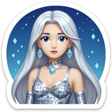 Athena from Lore Olympus with long silver hair, silver sequin outfit sticker
