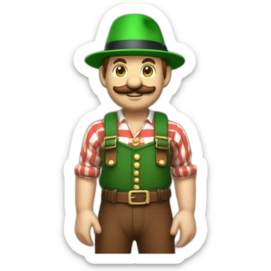 bavarian octoberfest visitor in super mario style. With a green hat, blue and white stripes shirt and brown leather pants.  sticker