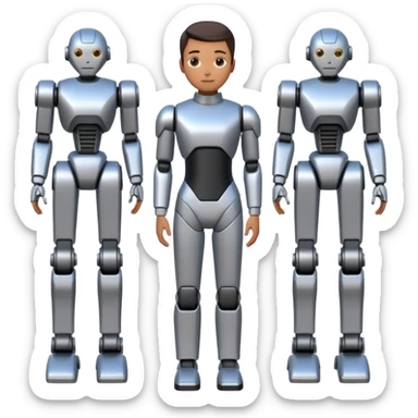 One person is waist-deep, next to simplified forms of robots or manipulators without details, the lines are clean and geometric. sticker