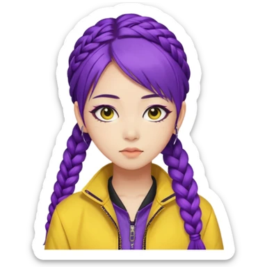 kpop hunters Rumi purple hair one large braid, asian, yellow jacket and wearing eyeliner sticker