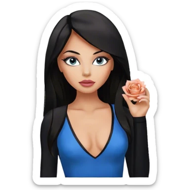 Glamours, tanned, beautiful, girl, with big pump peach-beige-rose lips, eyeliner, long lashes, black straight smooth silky long hair, straight parting hair, blueeyes in black v-neck bodysuit sticker