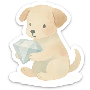 playful puppy holding a large diamond in its paws, watercolor art, pastel tones, delicate brushwork sticker