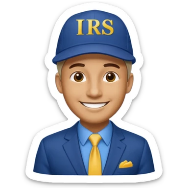 a man smiling dressed in a blue suit with a cap on that says IRS in yellow letters sticker