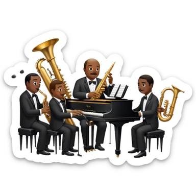 Icon for Jazz Music: Count Basie Orchestra, with Count Basie at the piano surrounded by jazz musicians playing instruments like saxophones, trumpets, and drums. Floating musical notes should capture the energetic and smooth vibe of big band jazz. Transparent background. sticker