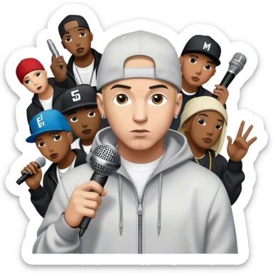 Icon for Hip-Hop Music: Eminem with his signature microphone, surrounded by other hip-hop icons. The design should reflect the raw energy of the genre with urban elements, graffiti, and vibrant colors. Transparent background. sticker