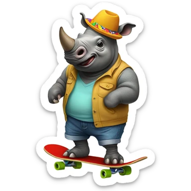 a rhino on a skateboard with a toupee  sticker