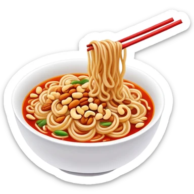 Chongqing Xiaomian spicy noodles with red oil and peanuts, simplified emoji style with bold outlines and bright colors, cartoon style Sichuan street food sticker
