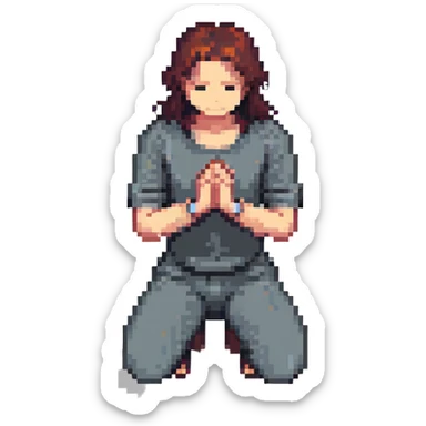 person kneeling in prayer with hands clasped sticker