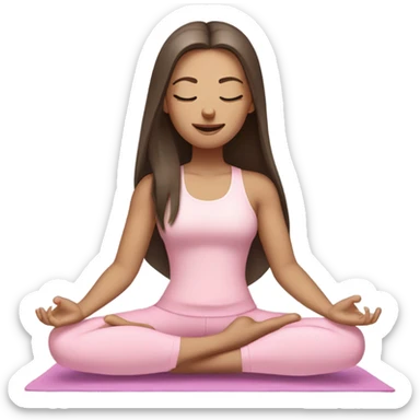 Brunette long hair and blue eyes yoga beautiful girl in light pink pink pink clothes sitting on a yoga mat with eyes closed sticker