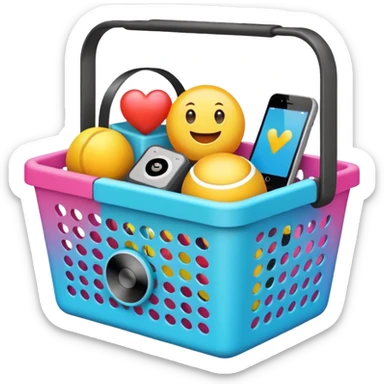 shopping basket filled with a smart speaker, fitness tracker, and digital camera emoji sticker