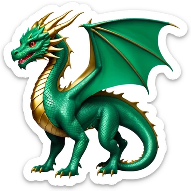 cinematic-noble-dragon-full body-emoji,-poised-and-majestic,-with-a-sinuous,-elongated-build-and-shimmering,-scale-covered-skin-in-hues-of-emerald-and-gold,-piercing,-fiery-eyes,-simplified-yet-sharp-and-sophisticated-features,-highly-detailed, zoomed out showing the serpentine body sticker