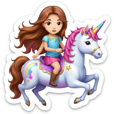 young light-skinned girl with long brown hair on a colorful unicorn sticker